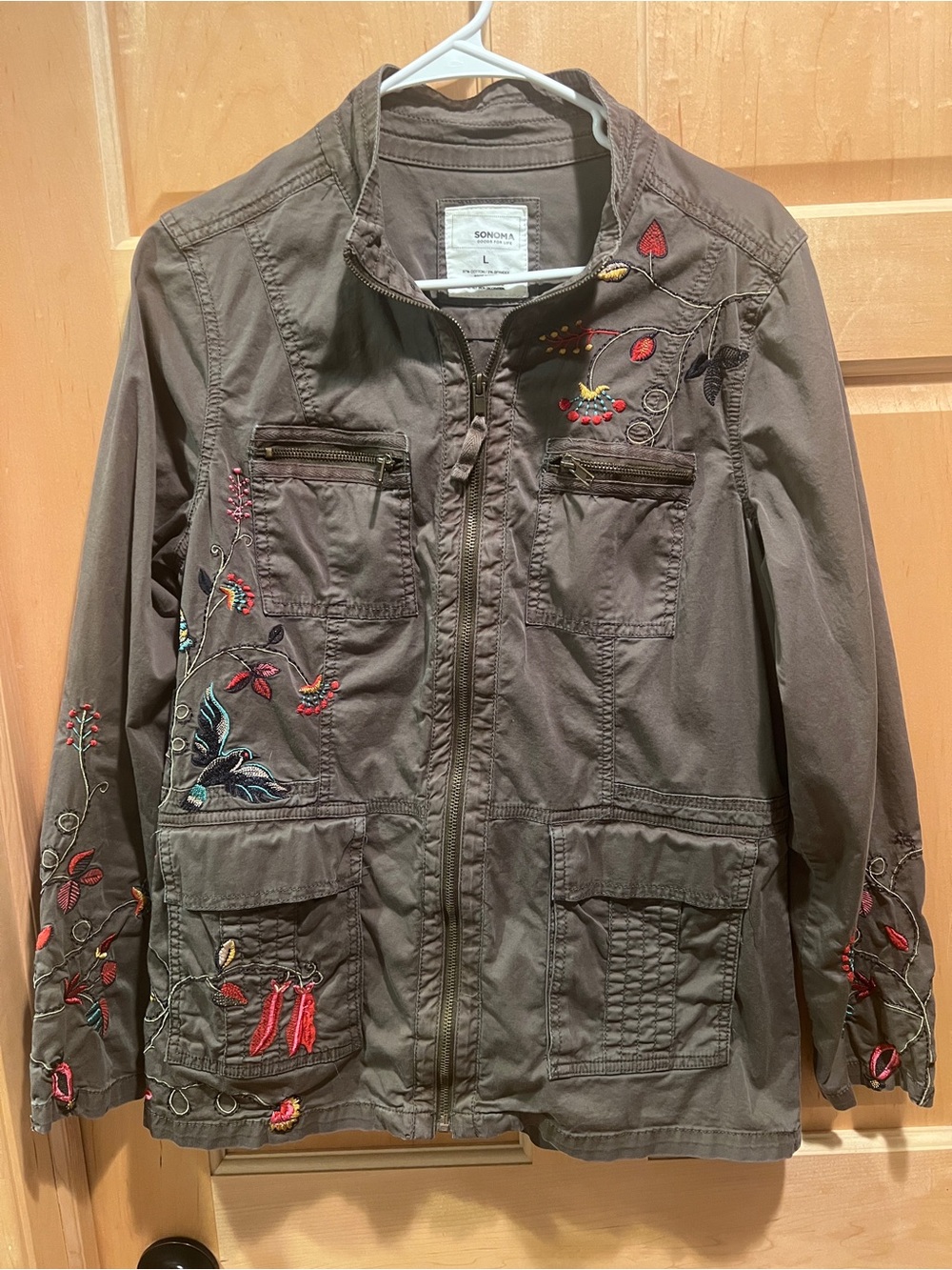 Sonoma Utility Jacket Women’s Olive Green Floral Bird Embroidered Zip-up Boho L